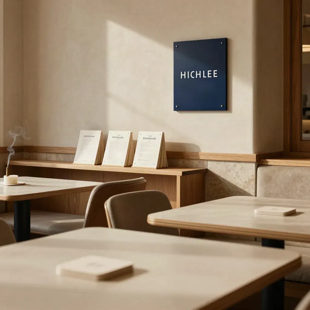 Warm restaurant corner with branded coasters, blurred menu cards, ceramic tables, and a navy wall plaque.
