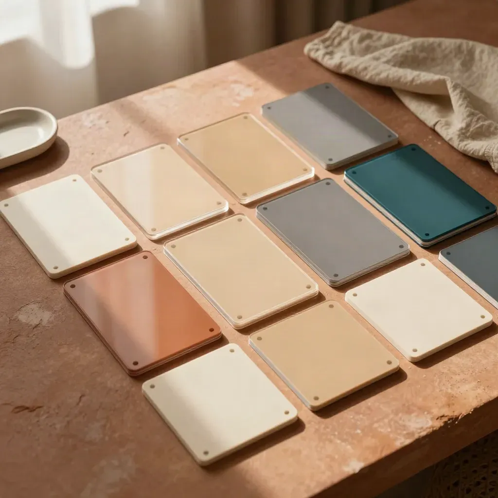 Top-down flatlay of social post tiles, story-frame sheets, and stacked content cards on terracotta.