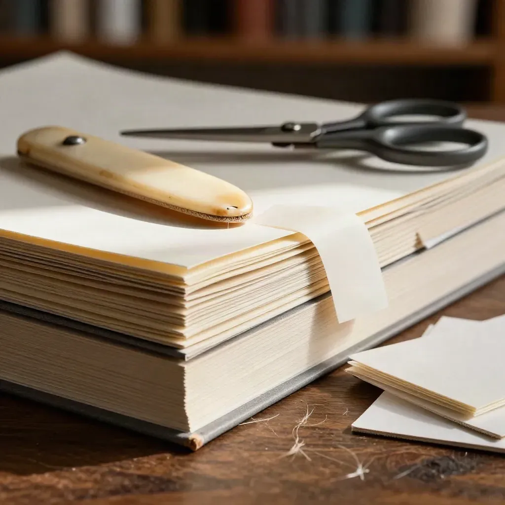 Macro of swatch books, bone folder, scissors and paper offcuts on dark walnut