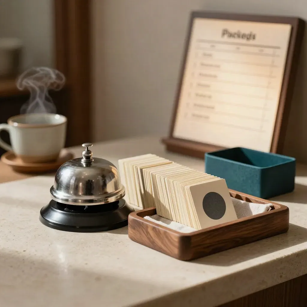 Booking nook with bell, stacked tokens, glowing schedule board, and morning steam.