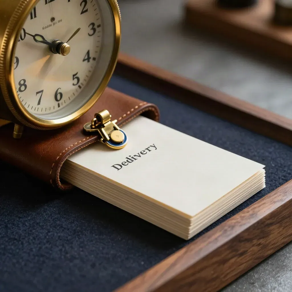 Macro of brass clock, leather case, task tokens, and stacked delivery cards on a dark walnut tray.