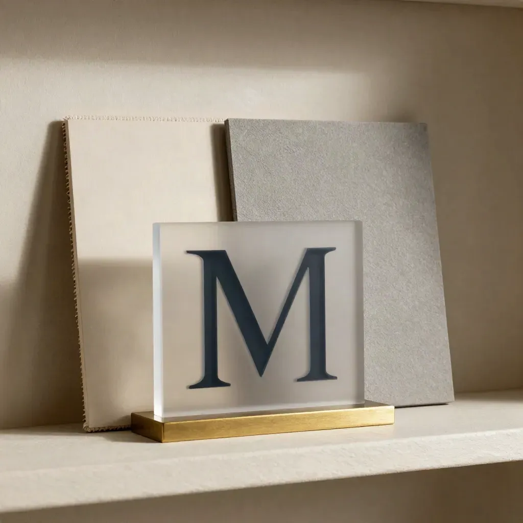 Frosted acrylic monogram, swatches, and brass block on a plaster shelf with soft left light