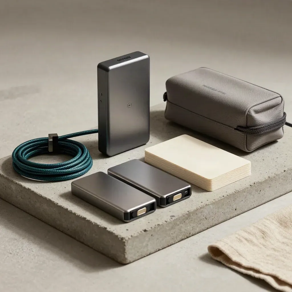 Backup drives, coiled cable, case and face-down proofs on a concrete tray, low side light