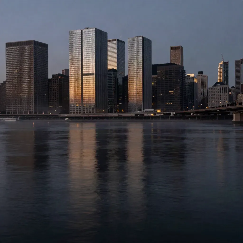 Blue-hour city skyline above a calm river, bridges high in haze, reflections below