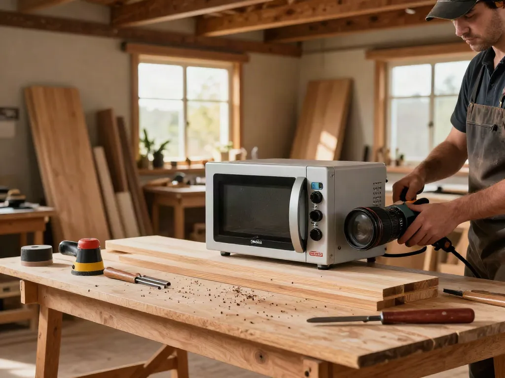 SHASHEL® microwave device in use to eliminate wood pests in a workshop.